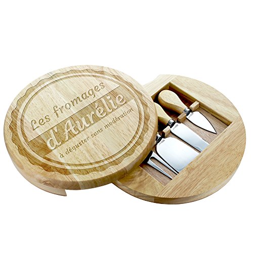 Amikado Plateau à Fromage pivotant et 4 Couteaux à Fromage personnalisé d'un Badge avec Texte Libre