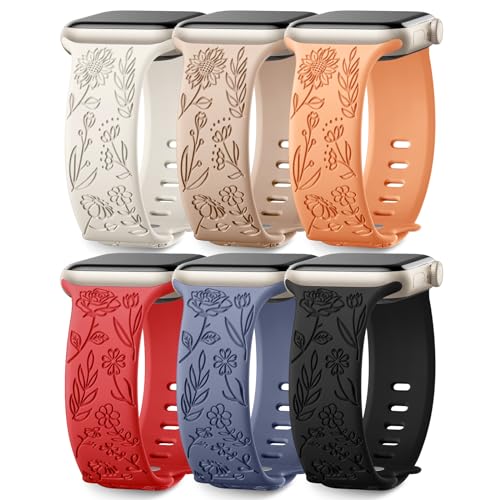 Image of SNBLK 6 Pack Floral Engraved Bands Compatible with Apple Watch Bands 40mm 41mm 42mm 38mm 44mm 45mm 46mm 49mm Women Men, Silicone Flower Pattern Strap for iWatch Series 11 10 Se Ultra 9 8 7 6 5 4 3 2 1