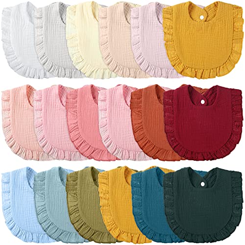 Kenning 18 Pcs Muslin Drool Baby Bibs Baby Girl Ruffle Bibs Absorbent Cotton with Snap Button for Boys Girls(Classic)
