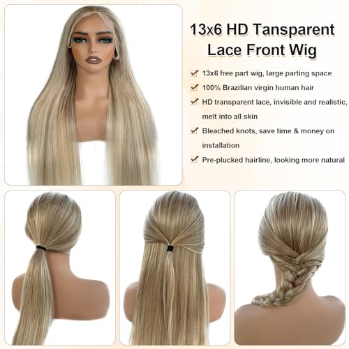 Image of Light Blonde Highlight Lace Front Wig Human Hair 13x6 HD Lace Frontal Wigs Pre Plucked Ash Blonde with White Platinum Highlights Brazilian Virgin Human Hair Wig for White Women with Brown Roots 16 inch