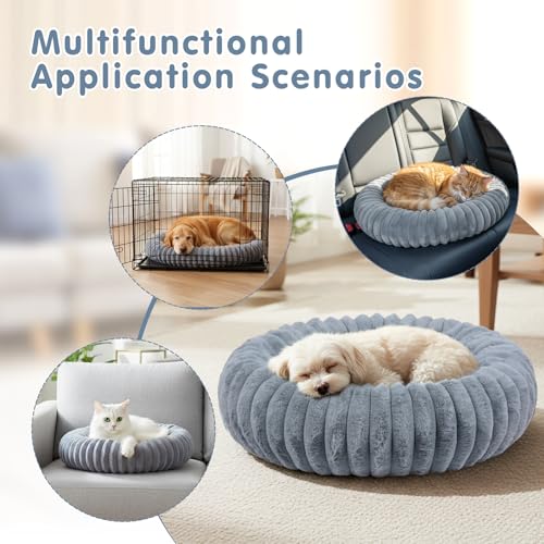 Qoosea Hundebett Katzenbett Flauschig, Dickes Donut Hundekissen mit Nackenstütze, Waschbar Hundedonut mit Rutschfester Unterseite, Hundebetten für Kleine Hunde und Katzen Grau 40 cm