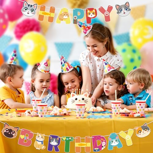 Image of Super Cat Birthday Decorations Cat Themed Happy Birthday Banner Cartoon Cute Cat Paw Print Happy Birthday Decor for Kids Boys Girls Adults and Pets Baby Shower Party Supplies