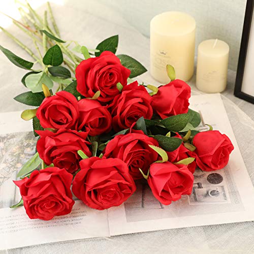 Hawesome 12 peças flores de seda artificial buquê de rosas realistas haste longa para decoração de c