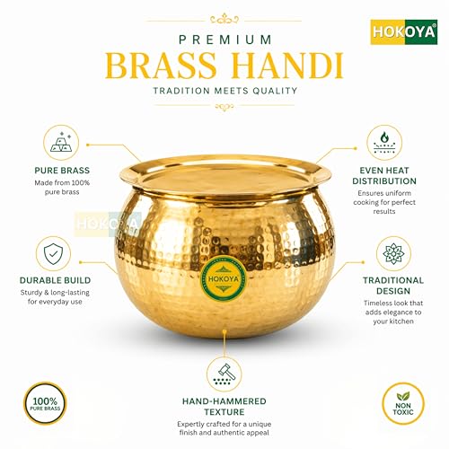Image of HOKOYA Brass Handi with Lid | Heavy Hammered Pital Cooking Pot for Biryani, Dal, Rice | Indian Kitchen Utensil & Gifting (10 LTR)