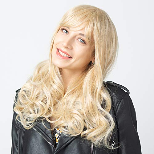 Long Blonde Human Hair Wigs for Women Natural Wavy Human Hair Wigs with Bangs