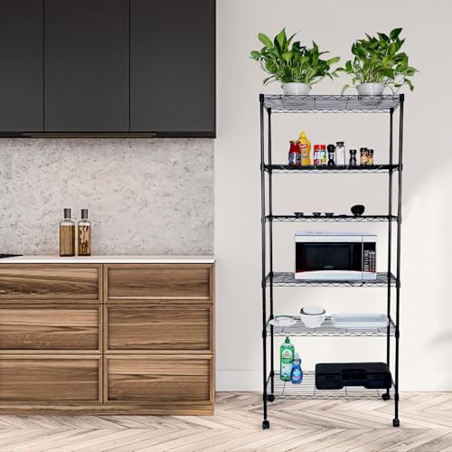Image of Simple Deluxe 6-Tier Shelving Units, 29.92'' W x 13.98'' D x 71.65'' H Adjustable Wire Shelving with Hanging Hooks and Wheels, Black