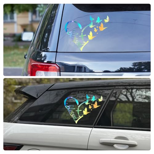 Image of Blessed Cross & Butterfly Heart Decal- 8.6 inchx7.5 inch Inspirational Faith Waterproof Vinyl Sticker for Car, Truck, Window, Bumper, Laptop, Wall (Heart-Holographic)
