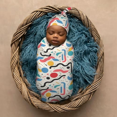 Image of 90s Pattern Newborn Swaddle Blankets Hat Sets Soft Baby Receiving Blanket Swaddle Sack for Baby Shower Infant Boy Girl Gift