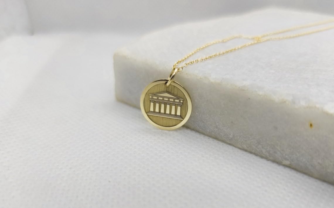 LKBEADS Collar de plata de ley 925 de 25 mm | Cadena de 45 cm | Colgante de la Acrópolis | Grecia antigua | Amuleto griego | Moneda | Amuleto griego de viajero | Baño de oro | 00942