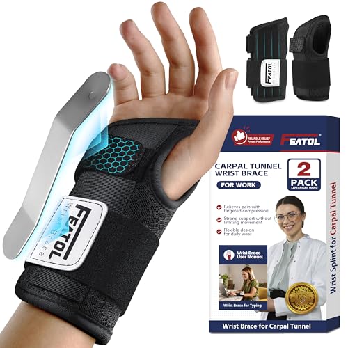 FEATOL 2 Pack Carpal Tunnel Wrist Brace For Work With Wrist Splint, 6.5'' Wrist Brace Night Support...