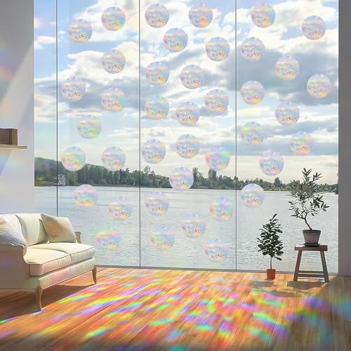 Image of 90 Pcs Circle Window Decals to Prevent Bird Strikes - Anti-Collision Window Stickers for Birds, Rainbow Vinyl Suncatcher Stickers, Reusable Static Clings for Bird Window Deterrent, No Glue Needed