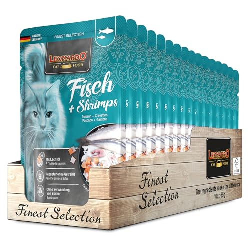 Leonardo Bolsas [16x85g Pescado + Gambas] | Alimento húmedo sin Cereales para Gatos | Alimento Completo en prácticas raciones Individuales