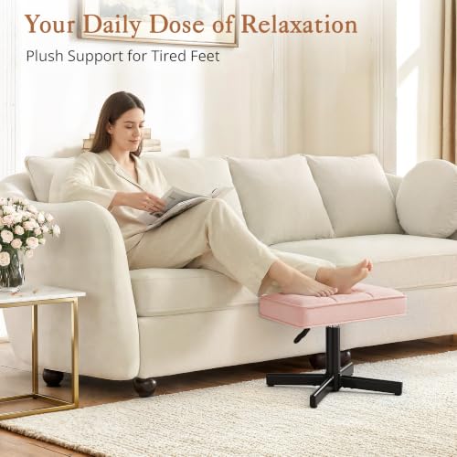 Image of LUE BONA Adjustable Vanity Stool, 15''-19.5'' Foot Rest Under Desk, 360 Swivel Vanity Chair for Makeup Room, Pink Upholstered Faux Leather Ottoman for Bathroom & Living Room, 300lbs