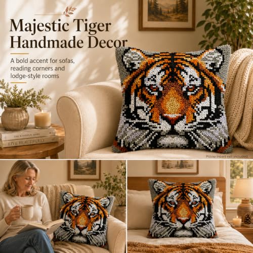 Image of Tiger Latch Hook Pillow Kits for Adults Beginners, Pre-Prined, 17 inch x 17 inch