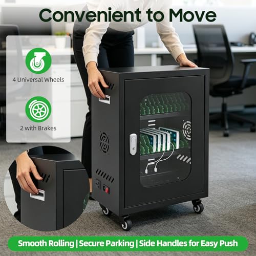 Image of 30 Slots Cell Phones Charging Station, Rechargeable Cellphone Locker Storage Charging Station, Mobile Charging Cart with Charging Ports, Wheels & Combination Lock (Black)