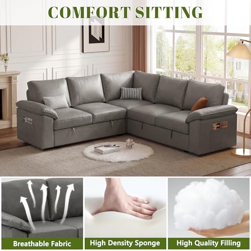 Image of 85 Inch Faux Leather Modular Sectional Sofa with Pull Out Bed, L Shaped 5 Seat Sectional Sleeper Sofa with Storage, Sectional Couches for Living Room, Cloud Modular Couch,Gray Leather