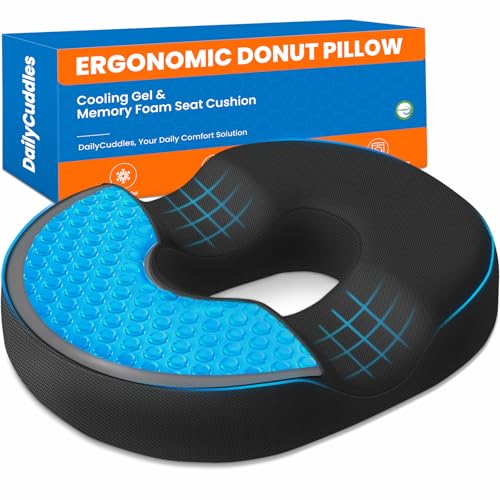 DailyCuddles Donut Pillow for Tailbone Pain, Hemorrhoids - Cooling Gel Memory Foam Chair Seat Cushion for Office, Home & Wheelchair, Ergonomic Chair Pad for Pregnancy, Sciatica, Coccyx (Large, Black)