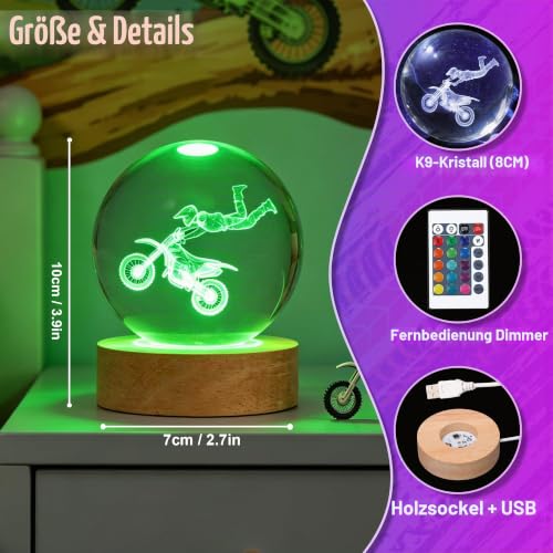 OkiyiD Motorrad Nachtlicht, Motorrad Geschenke für Männer Kinder, Motocross Kristallkugel (80mm) Lampe with 16 Farben… – Ansicht 6