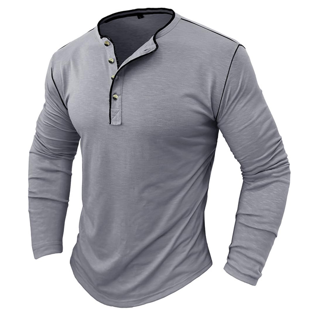 Męska koszula z długim rękawem Henry'ego Wszechstronna koszulka z dekoltem w serek Casual Solid T-shirty