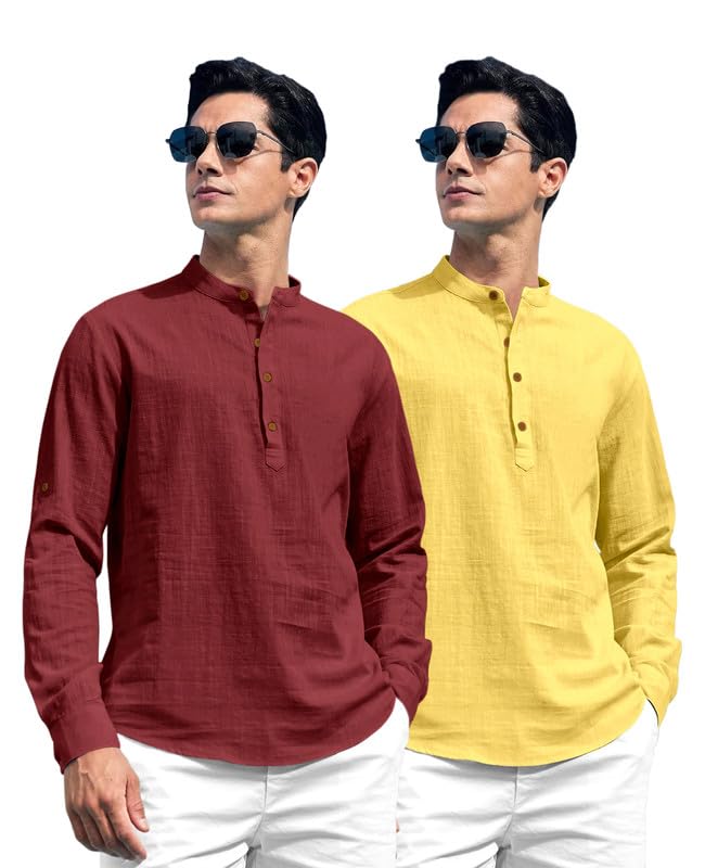 Image of ROYALSCOUT Combo of Men's Solid Cotton Blend Full Sleeve Straight Kurta Shirt (Pack of 2)