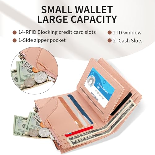 Small Wallet For Women Leather Wallet Rfid Blocking Small Bifold Wallet for Women Zipper Pocket Coin Purse Credit Card Holder with ID Window,Light Pink4