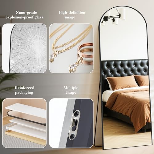 Image of DUMOS Arched Wall-Mounted Full Length Mirror 27 inchx71 inch for Bedroom, Full Body Floor Mirror with Stand, Hanging or Leaning for Wall, Black