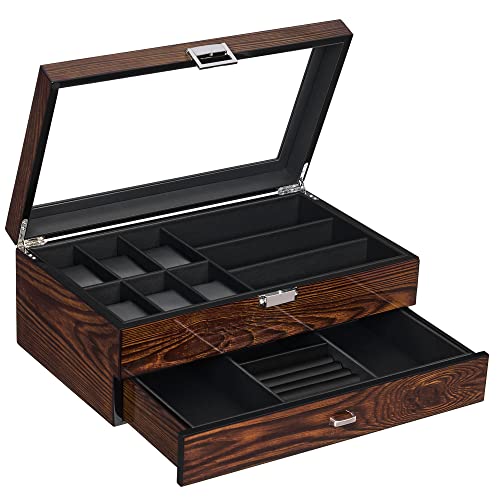 Bewishome Watch And Sunglasses Box Organizer For Men, Men's Jewelry Box，Watch Box Organizer With Valet Drawer，2-Tier Watch Holder And Glasses Display Cases,Smooth Faux Leather Interior, Brown Ssh32Y #TOP10