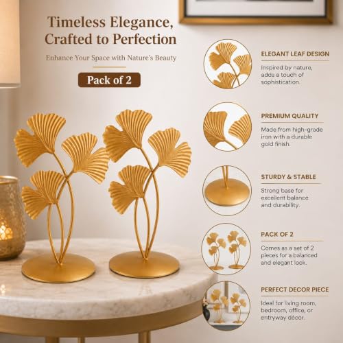 Image of (Set of 2) Iron Gold Plated 3 Leaf Shape 7.5 Inches Table Stand for Home & Living Room Decor | Metal Ginkgo Leaf Showpiece for Office, Bedroom & Shelf Decoration | Decorative Items for Home
