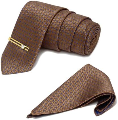MUTAQINOTI Mens Woven Premium Silk Necktie With Pocket Square and Golden Tie Pin (TEGP)