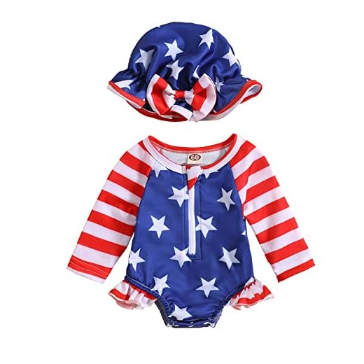 Aimaopao Maiô feminino de manga comprida com zíper e chapéu, Bandeira americana, Recém nascido