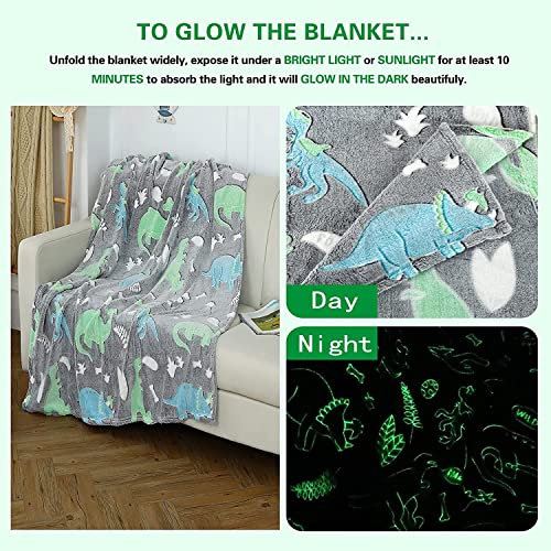 Image of Glow in The Dark Blanket Gifts for Toddler Kids Teen Girls| 80 x 70 inch / 200cm x 180cm |Bedroom Decor, Lightweight Throw Blankets|Soft Cozy Fluffy Luminous Throw Blanket - Grey Dino