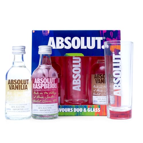 Absolut Flavoured Vodka Duo & Glass Set 1x 50ml Vanilla 1x5cl Raspberry Alcohol Miniatures with Mini Shots Glass - Birthday Vodka Gift Set for Men and Women
