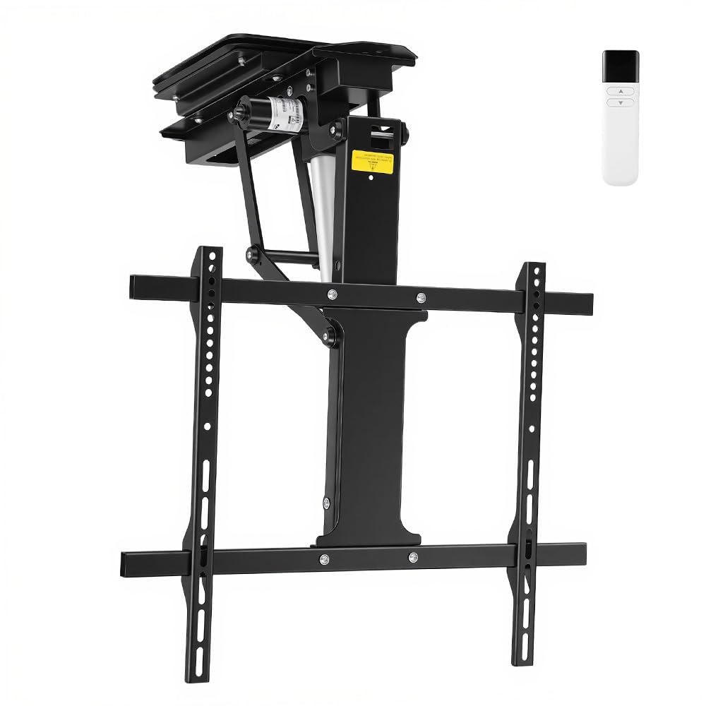 OUTFINE Electric Flip Down and Swiveling Ceiling TV Mount for 32–75 Inch Flat or Curved Screens, Motorized Fold Down Lift with Remote Control, 360°Manual Swivel and 0–80°Electric Tilt
