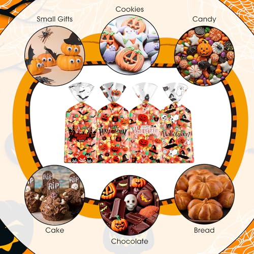 100 Pcs Halloween Treat Bags Happy Halloweens Goodie Bag Plastic Halloween Pumpkin Celloph - image 6
