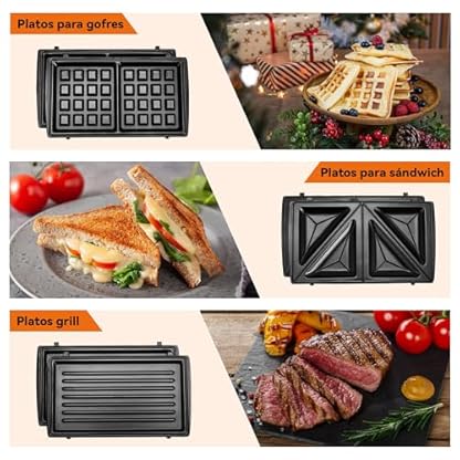 Pukomc 3-in-1 Sandwich Maker Antihaft-Panini-Presse, 850 W Grill, Tostadora De Pan Sandwichera, Herausnehmbare Grillplatten, Kontaktgrill, Waffeleisen, Doppelseitige Heizung, Schwarz – Bild 6