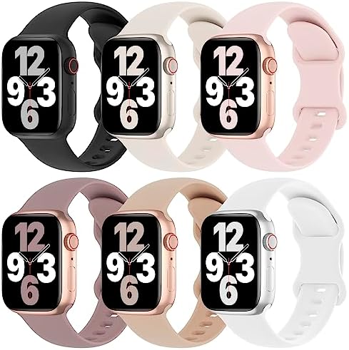 6 Pack Silicone Bands Compatible with Apple Watch Band 38mm 40mm 41mm 42mm 44mm 45mm 49mm, Soft Sport Waterproof Strap Replacement Wristband for iWatch Ultra Series 8 SE 7 6 5 4 3 2 1 Women Men