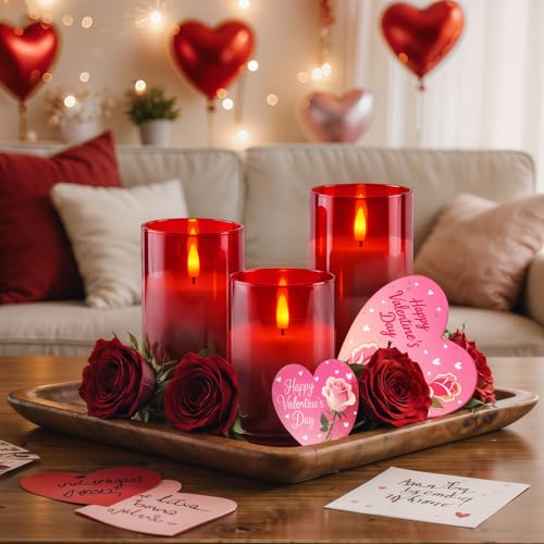 Image of Homemory Red Glass Flameless Candles, Battery Operated LED Pillar Candles with Remote Control and Timer, Radiance Candles, Real Wax, Set of 3,D3 xH4 5 inch 6 inch