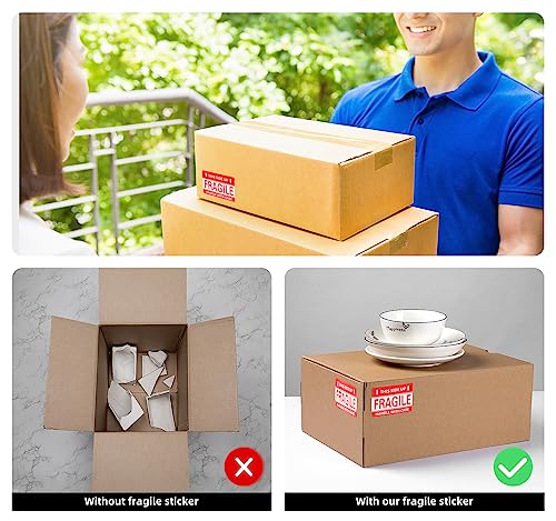 Image of 3 x 2 Inch Handle with Care This Side Up 300 Permanent Adhesive Fragile Stickers for Shipping Moving Glass Labels (1 Roll, 300 Labels)