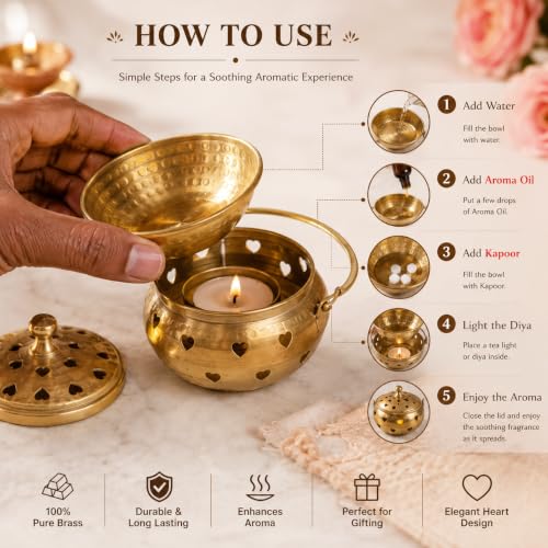 Image of Pure Source India Brass Kapoor Dani, Aroma Diffuser, Bakhoor Dani, Incense Burner, Pack of 1, Hear Shape (Heart Design)