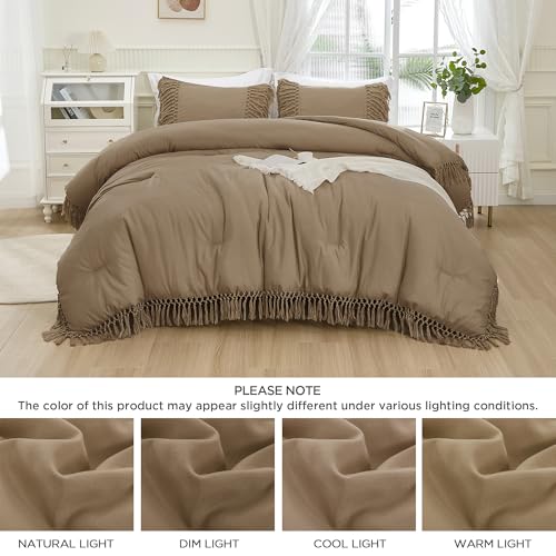 Image of Andency Taupe Full Size Comforter Set, 3 Pieces Boho Tassel Lightweight Soft Bedding Comforter Sets, All Season Fluffy Fringe Bed Set (79x90In Comforter & 2 Pillowcases)
