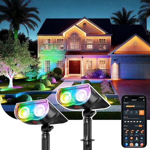 Linkind Smart Solar Spot Lights Outdoor SL5C, Solar Lights Outdoor Spotlight Cool/Warm White/Color Changing, APP/Voice Control IP67 Landscape Lighting for Yard, Garden, Pathway(2 Pack)