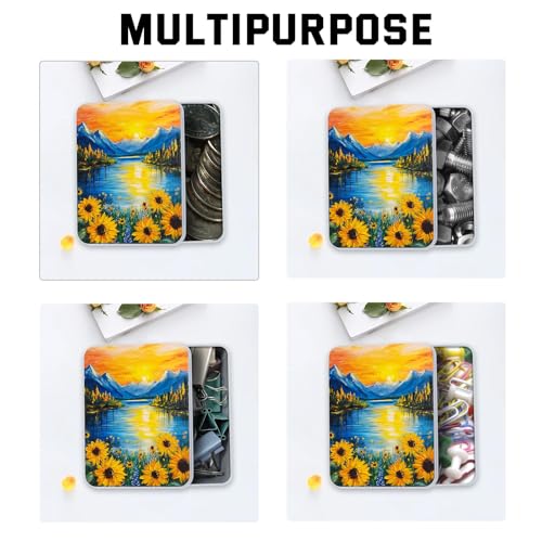 Image of Metal Tin Box with Lid,Multi-functional Storage Box Can Store Tea Biscuits Game Cards, Playing & Tarot Cards-Comes with 4 Magnetic Cord Clips,Sunset Mountain Lake