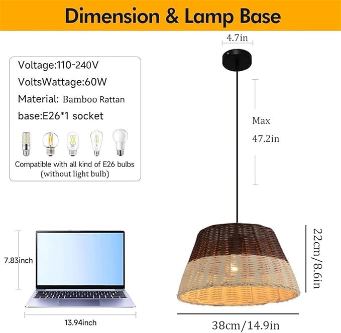 Lustre rétro en rotin style sud-est avec douille de base E26 - 4