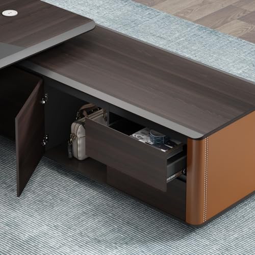 Image of Lakdi The Furniture Co Luxury Executive Director Table with Integrated Storage, Ribbed Front Panel, LED Accent Lighting and Premium Wood Finish - LDL-737