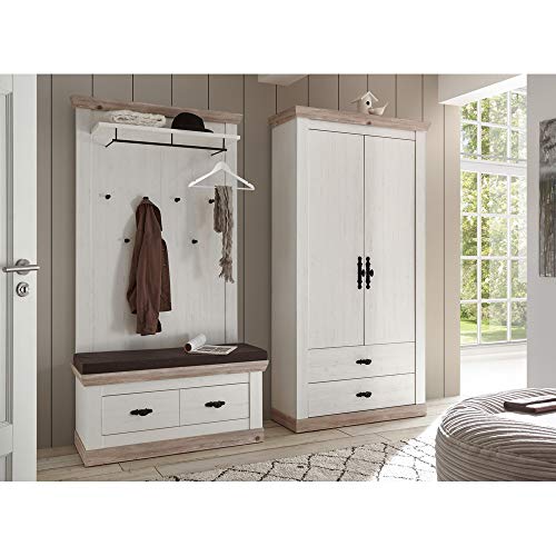 Lomadox Garderoben Set 3-TLG. inkl. Sitzkissen in Pinie weiß Nb. mit Absetzungen in Pinie dunkel Nb., B/H/T: ca. 224/201/45 cm
