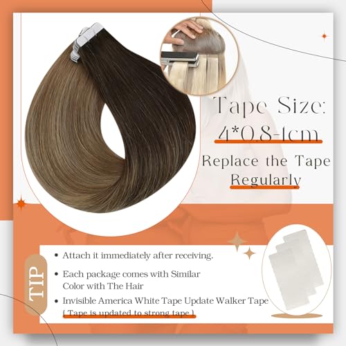Image of Full Shine Ombre Hair Extensions Tape in Balayage Glue in Extensions Color 2 /6 /18 Brown And Blonde Tape ins Human Hair Extensions Straight Seamless Hair Extension Remy Human Hair 22Inch 50G 20pcs