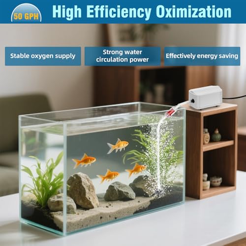 Image of Quiet Aquarium Air Pump 3W Fish Tank Oxygen Aerator Pump with Air Stone Airline Tubing Check Valve Aquarium Bubbler for 3-20 Gallon Fish Tanks