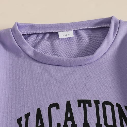 Image of Size 6-12 Years Girl's Tracksuit Sets 2 Piece Outfits Letter Print Vacation Tee Top and Drawstring Waist Shorts