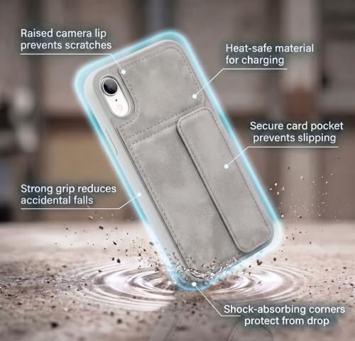 Image of amazon basics Luxury Vegan Leather Back Cover for iPhone XR | Built-in Card Holder Slot | Integrated Mobile Stand | Slim Shockproof Protective Case with Stitched Finish - Gray
