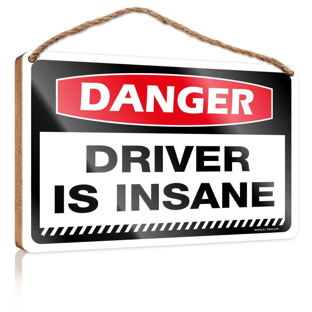 HMQW Hanging Wooden Plaque Danger Driver Is Insane Wooden Sign Spring Porch Sign Front Door Hanging Decor(15X28CM)